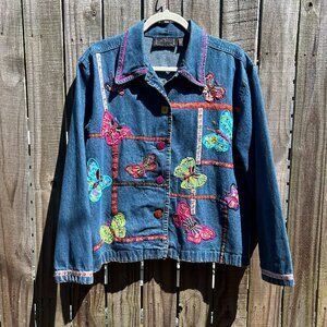VTG Life Style Denim Shirt Jacket Womens Colorful Butterfly Embroidery S